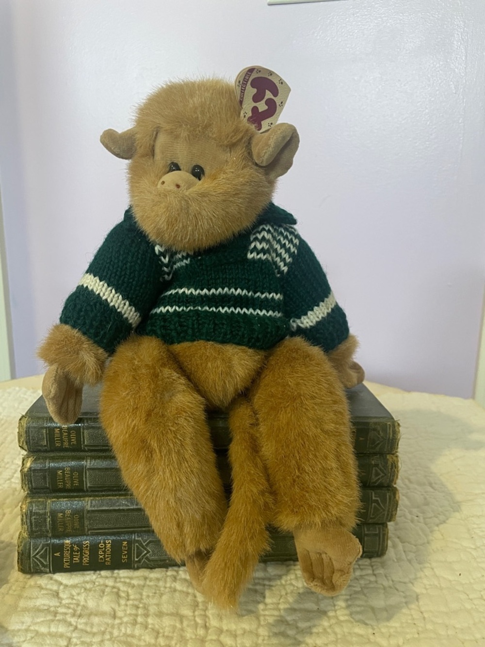 Plush Monkey in Dark Green Striped Sweater Ty attic collection - Justin